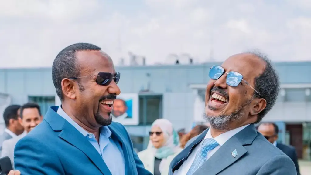 Somalia's President Hassan Sheikh Mohamud and Ethiopian Prime Minister Abiy Ahmed at Addis Ababa airport  Jan 12 2025 [Photo x @AbiyAhmedAli]